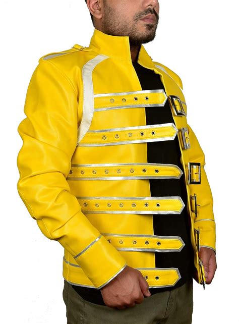 III-Fashions Mens Star Rock Pop Singer Concert Belted Costume Yellow Leather Jacket commercials