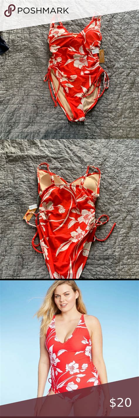 Kona Sol Red Floral Side Cinch One Piece Swimsuit