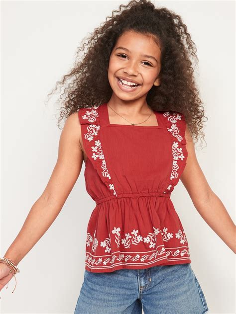 Old Navy Sleeveless Matching Embroidery Ruffled Apron-Style Top for Girls logo