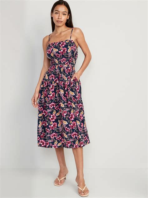 Old Navy Womens Waist-Defined Floral Linen-Blend Smocked Midi Cami Dress